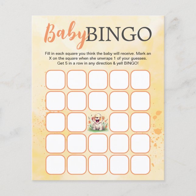 Lion Themed Baby Shower Bingo Card (Front)
