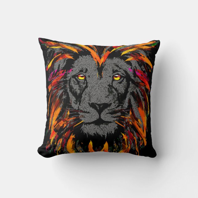 Lion Throw Pillow | Orange Dark Lion Illustration (Front)
