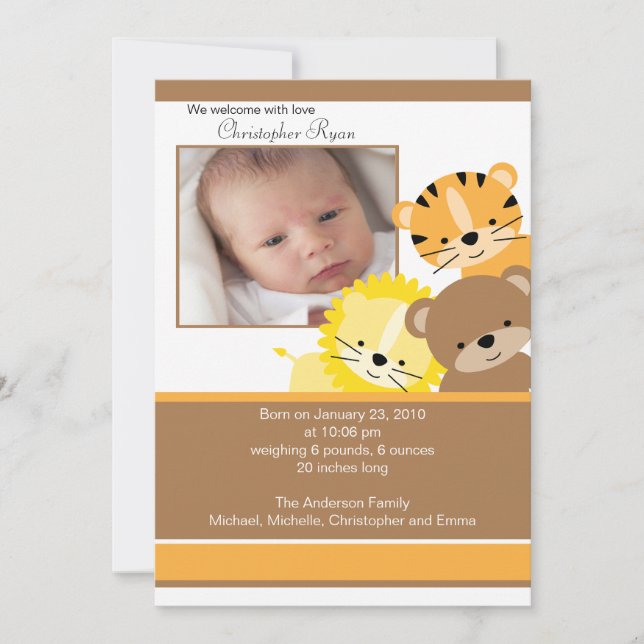 Lion, tigre et ours Carte Faire-part photo bébé (Devant)