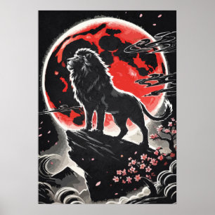 Lion Under Red Moon, Neo-Japanese Tattoo Style Poster