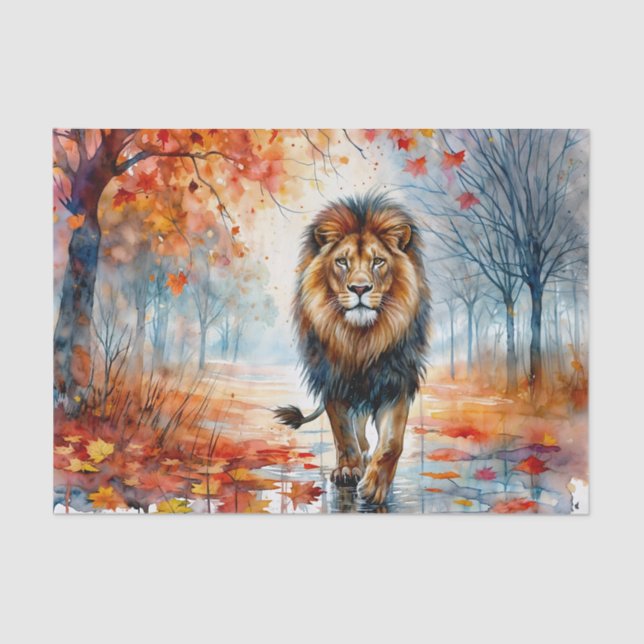 Lion Walking In Autumn Watercolor Tissue Paper (Front)