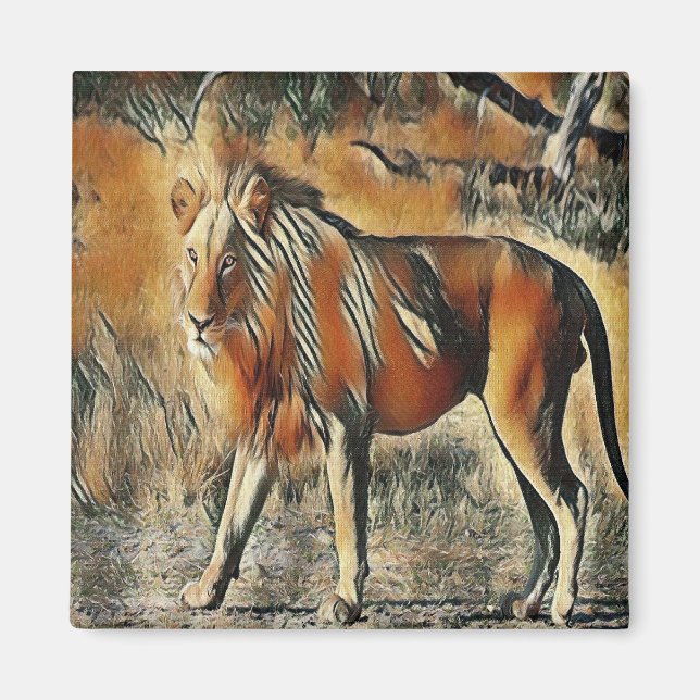 Lion walking in the bushes  magnet (Front)