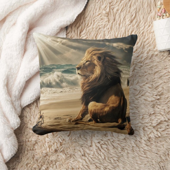 Lion watching waves on beach throw pillow (Blanket)