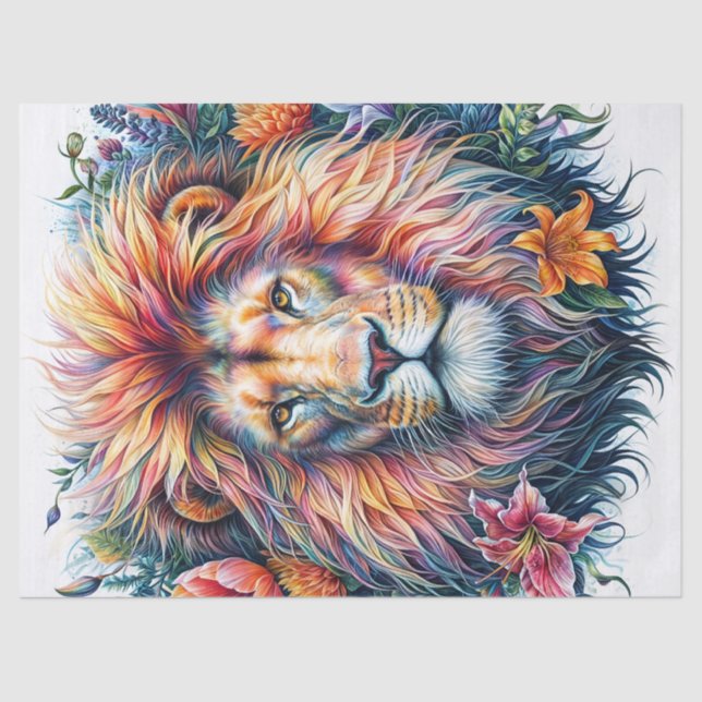 Lion Watercolor Colourful Floral Tissue Paper (Front)