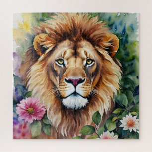 Lion Watercolor Floral Art Jigsaw Puzzle
