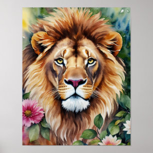 Lion Watercolor Floral Art Jigsaw Puzzle Poster