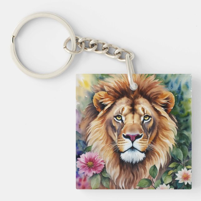 Lion Watercolor Floral Art Keychain (Front)