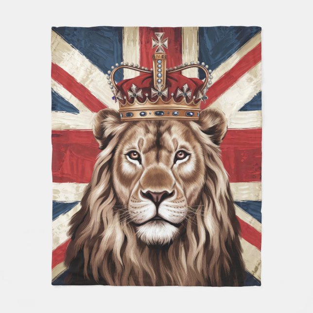 Lion Wearing a Crown British Flag Fleece Blanket (Front)
