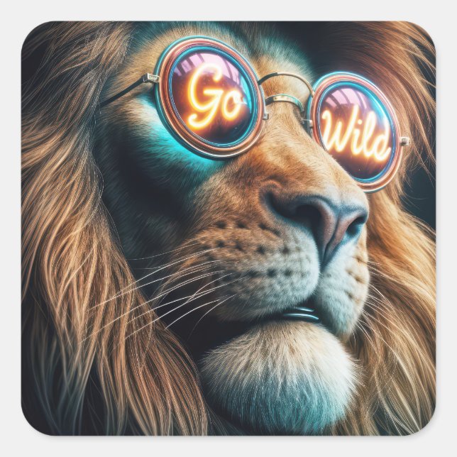 Lion Wearing Neon Sunglasses With Text Square Sticker (Front)