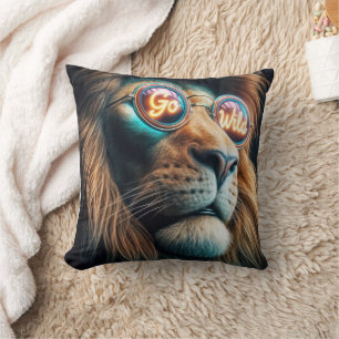 Lion Wearing Neon Sunglasses With Text Throw Pillow