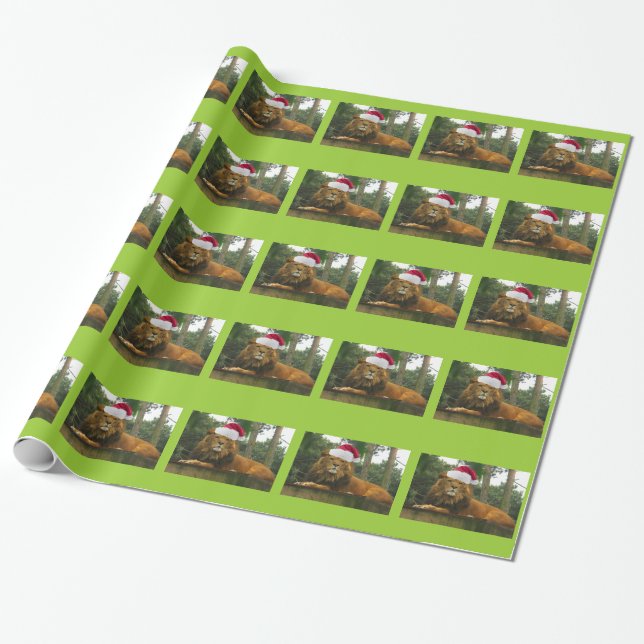 Lion Wearing Santa Hat For Christmas Wrapping Paper (Unrolled)