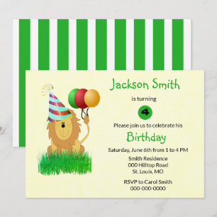 Lion with Birthday Balloons Party Invitation