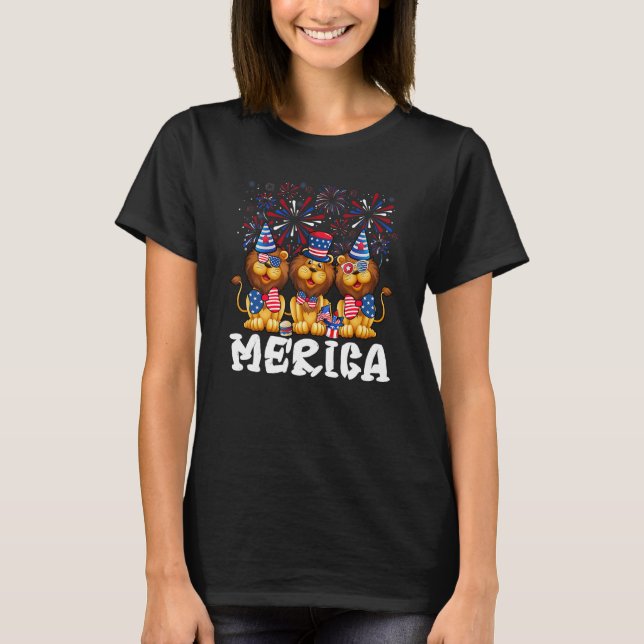 Lion With Fireworks Sunglasses Hat Merica  4th Of  T-Shirt (Front)