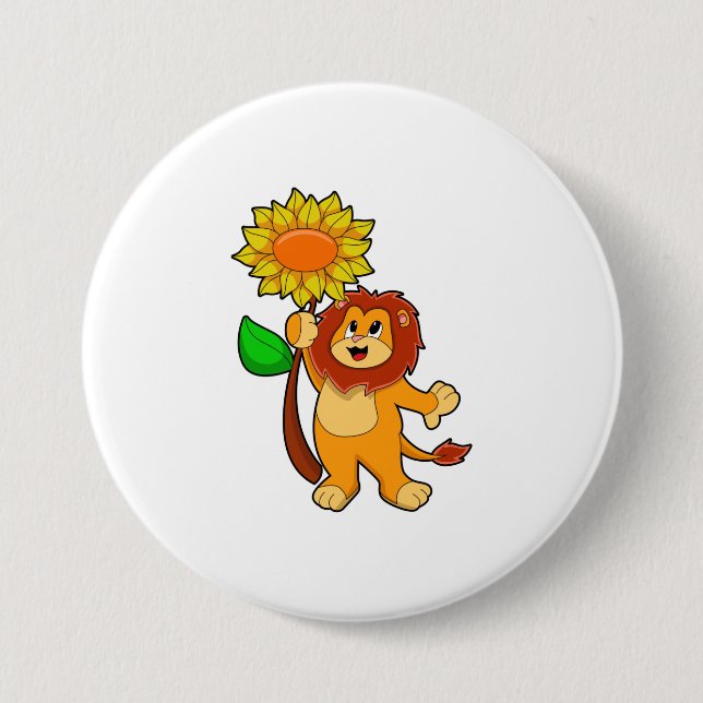 Lion with Flower Sunflower 3 Inch Round Button (Front)