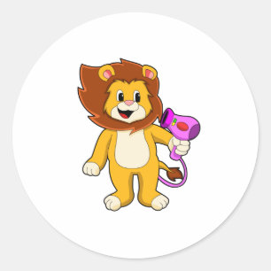 Lion with Hair dryer Classic Round Sticker