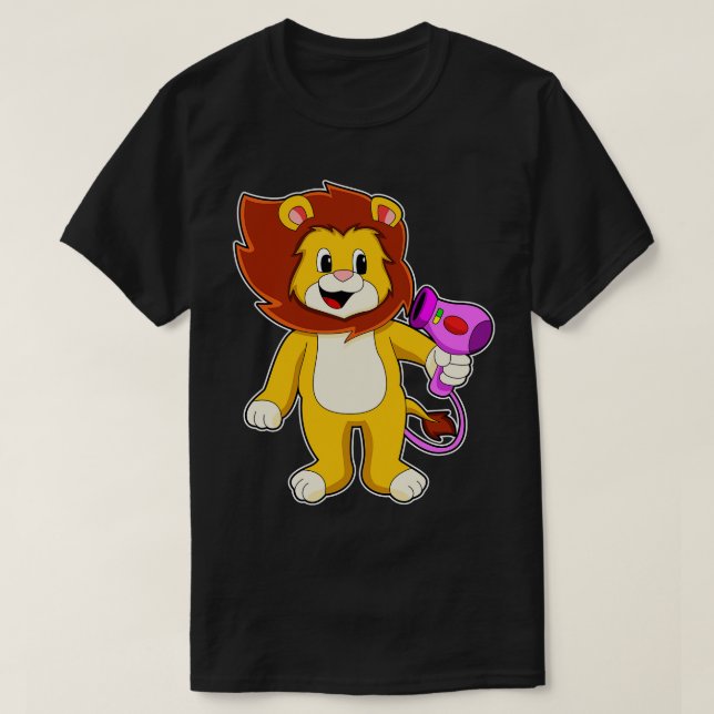 Lion with Hair dryer T-Shirt (Design Front)