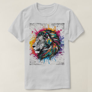 Lion with Headphones Colour Splash Vibrant T-Shirt
