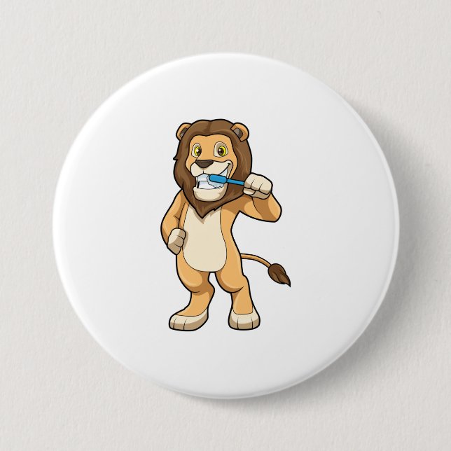 Lion with Toothbrush 3 Inch Round Button (Front)