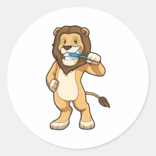 Lion with Toothbrush Classic Round Sticker