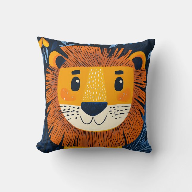 Lion Yellow Orange Blue Kids Safari Nursery Room  Throw Pillow (Front)