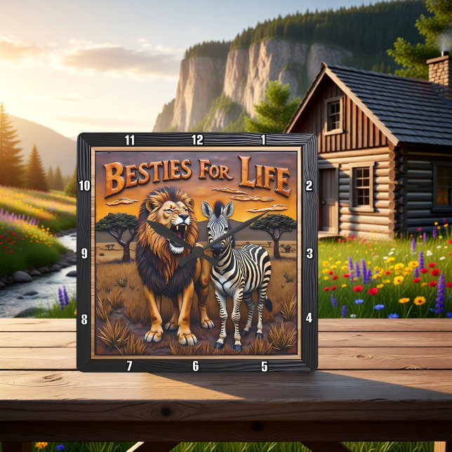 Lion Zebra Savanna Besties Square Wall Clock (Creator Uploaded)