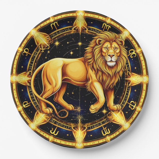 Lion Zodiac Symbol Over Celestial Starry Backgroun Paper Plate (Front)
