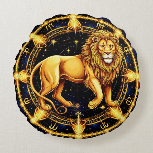 Lion Zodiac Symbol Over Celestial Starry Backgroun Round Pillow (Front)