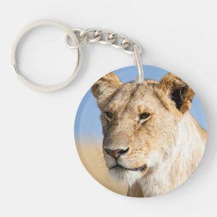 Lioness against blue sky keychain