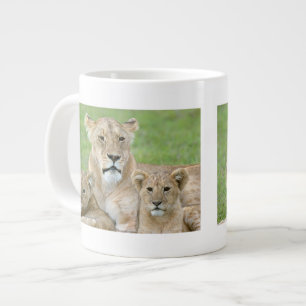 Lioness and Two Cubs, East Africa, Tanzania, Large Coffee Mug