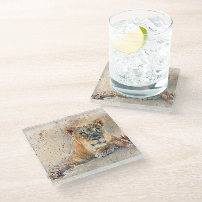 Lioness Face Watercolor Jungle Animal Glass Coaster (Angled)