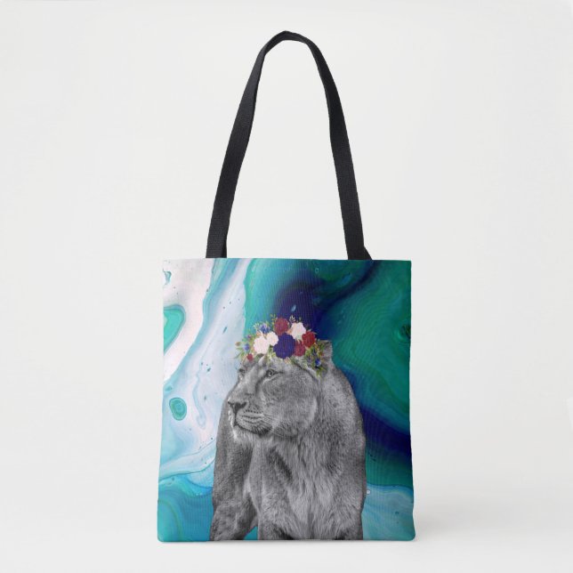 Lioness Lion Animal Girl Flower Crown Colourful Tote Bag (Front)