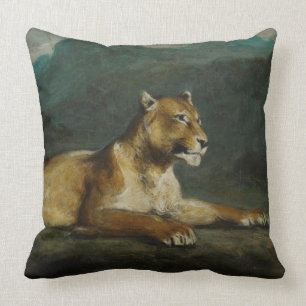 Lioness reclining, c.1855 (oil on panel) throw pillow