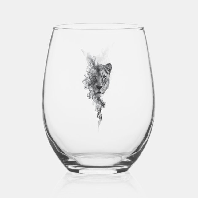 Lioness Smoke Art Stemless Wine Glass (Front)
