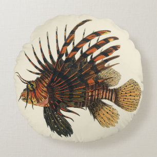 Lionfish Fish, Vintage Marine Ocean Life Animal Round Pillow