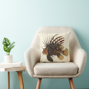 Lionfish Fish, Vintage Marine Ocean Life Animal Throw Pillow