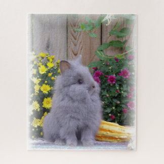 Lionhead bunny with flowers on a jigsaw puzzle