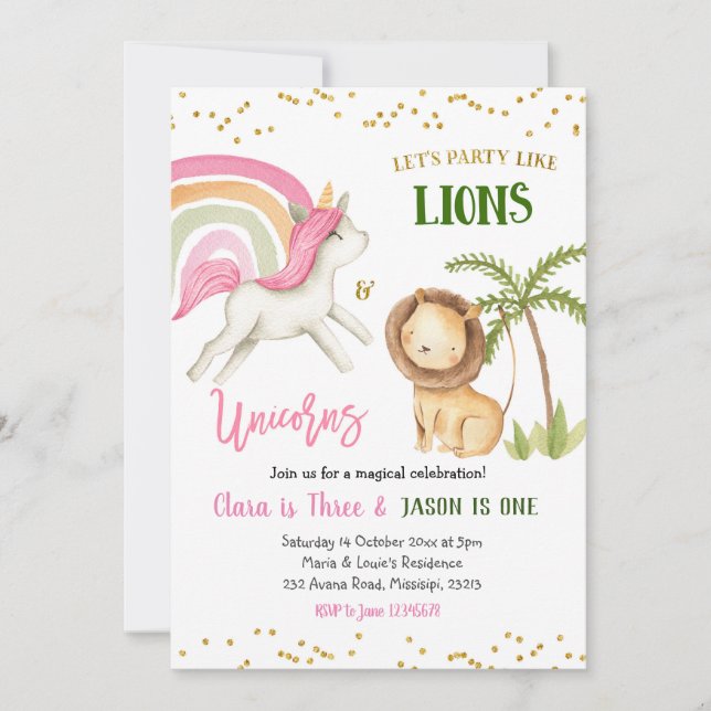 Lions and Unicorns Sibling Birthday Invitation (Front)