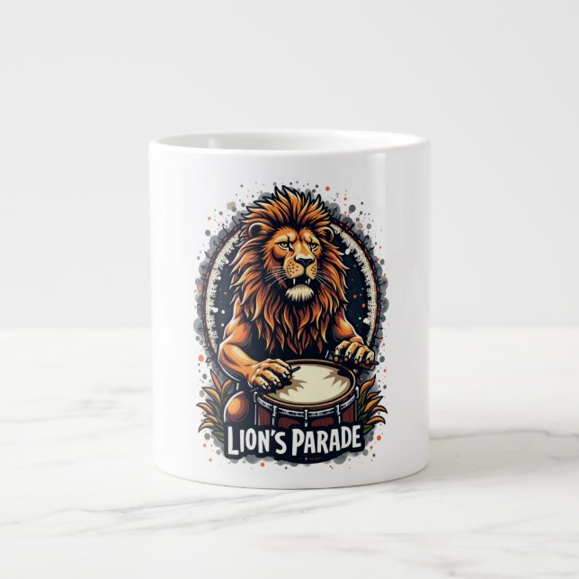 Lion's Drum Parade funny art : Majestic Lion Print Large Coffee Mug (Front)