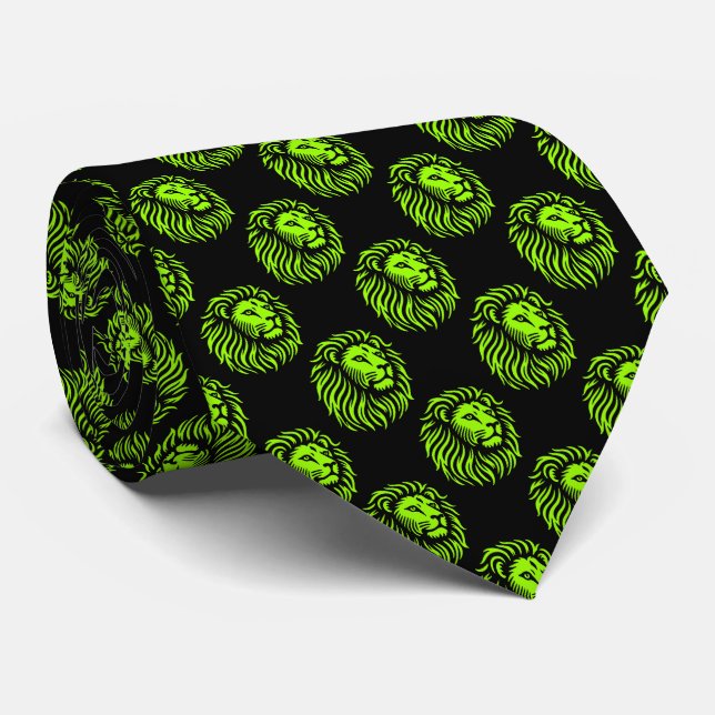 Lion's Head Pattern - Chartreuse Green on Black Tie (Rolled)