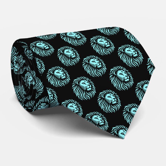 Lion's Head Pattern - Ice Blue on Black Tie (Rolled)