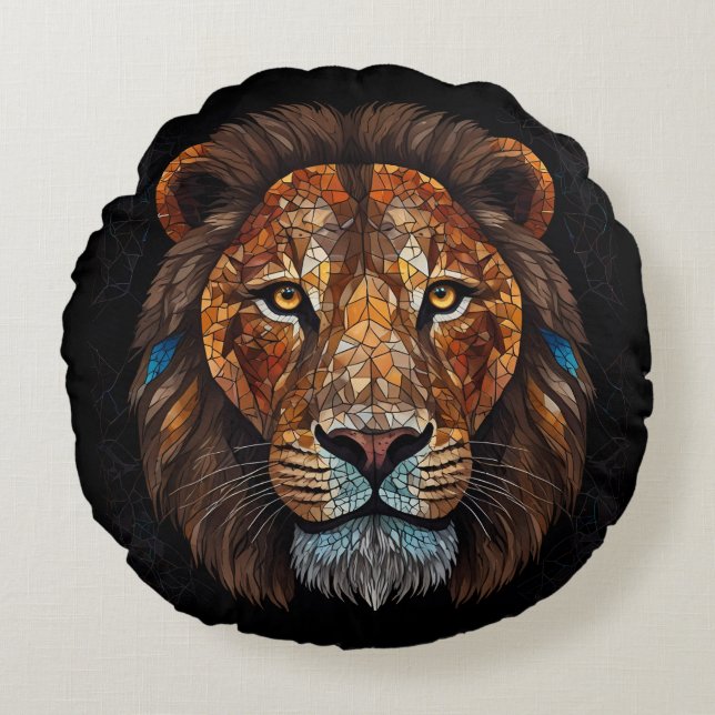 Lions head with mosaic stained glass effect round pillow (Front)