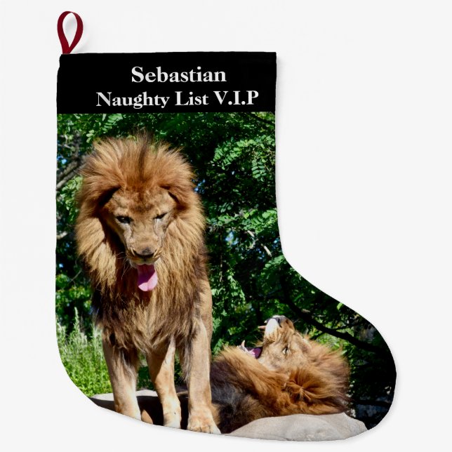 Lions Naughty List VIP with name Large Christmas S Large Christmas Stocking (Front)