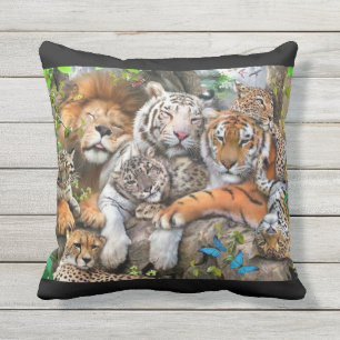 Lions, tigers, and cheetahs in paradise outdoor pillow