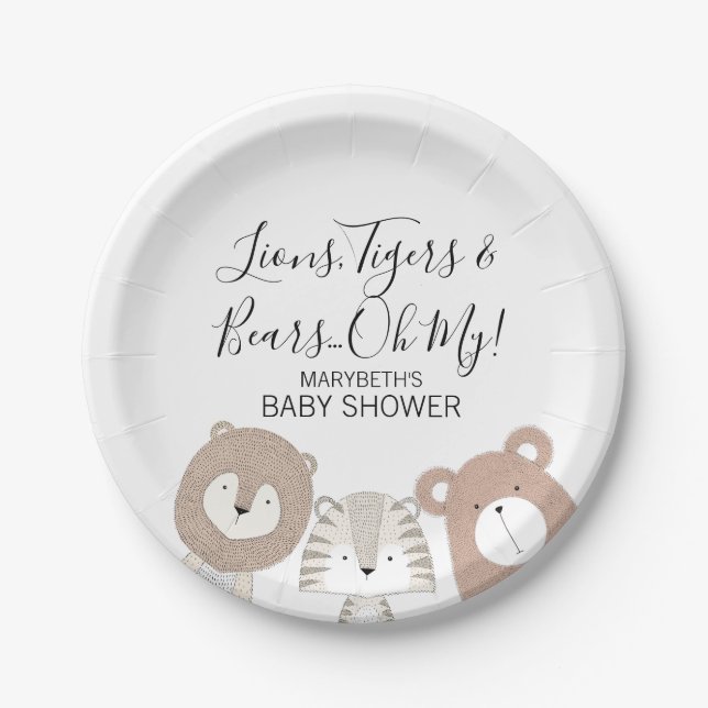 Lions Tigers Bears Animal Baby Shower Paper Plate (Front)