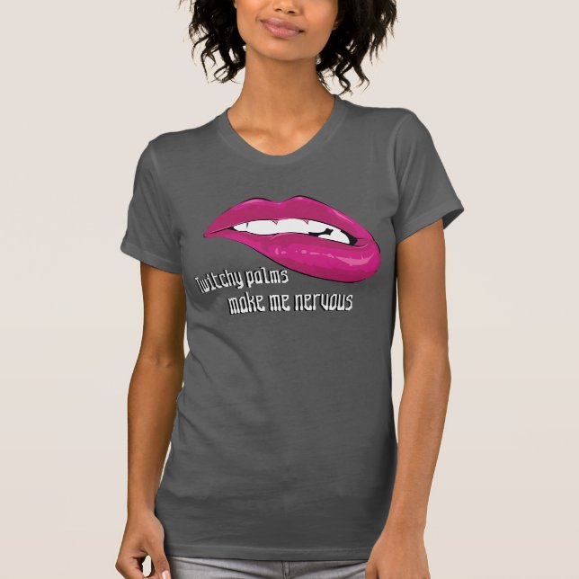 lip bite twitchy palm funny tshirt dark grey (Front)