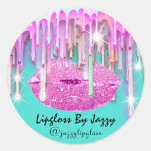 Lipgloss Makeup Drips Packaging Pink Mint Green Classic Round Sticker
