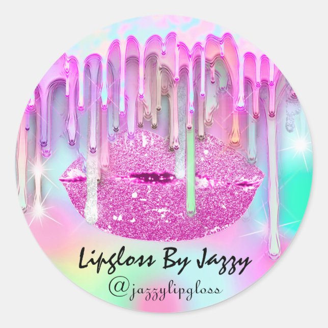 Lipgloss Makeup Packaging Pink Drip Holograph Drip Classic Round Sticker (Front)
