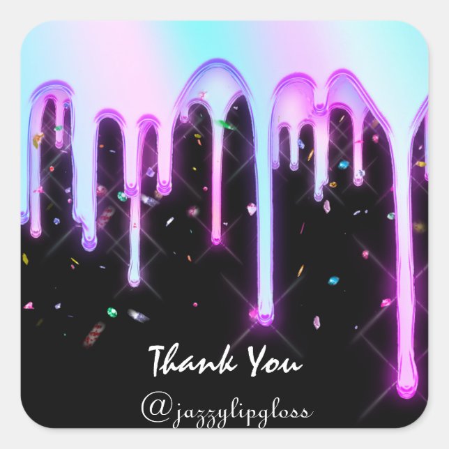 Lipgloss Makeup Pink Unicorn Drips Holograph Black Square Sticker (Front)