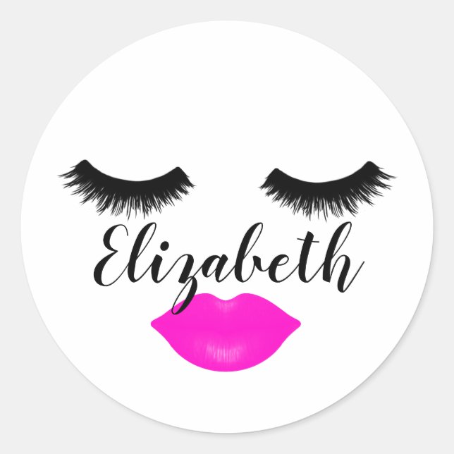 Lips and Eyelashes Custom Name Classic Round Sticker (Front)