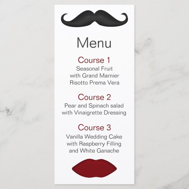 lips and moustache mod wedding menu (Front)